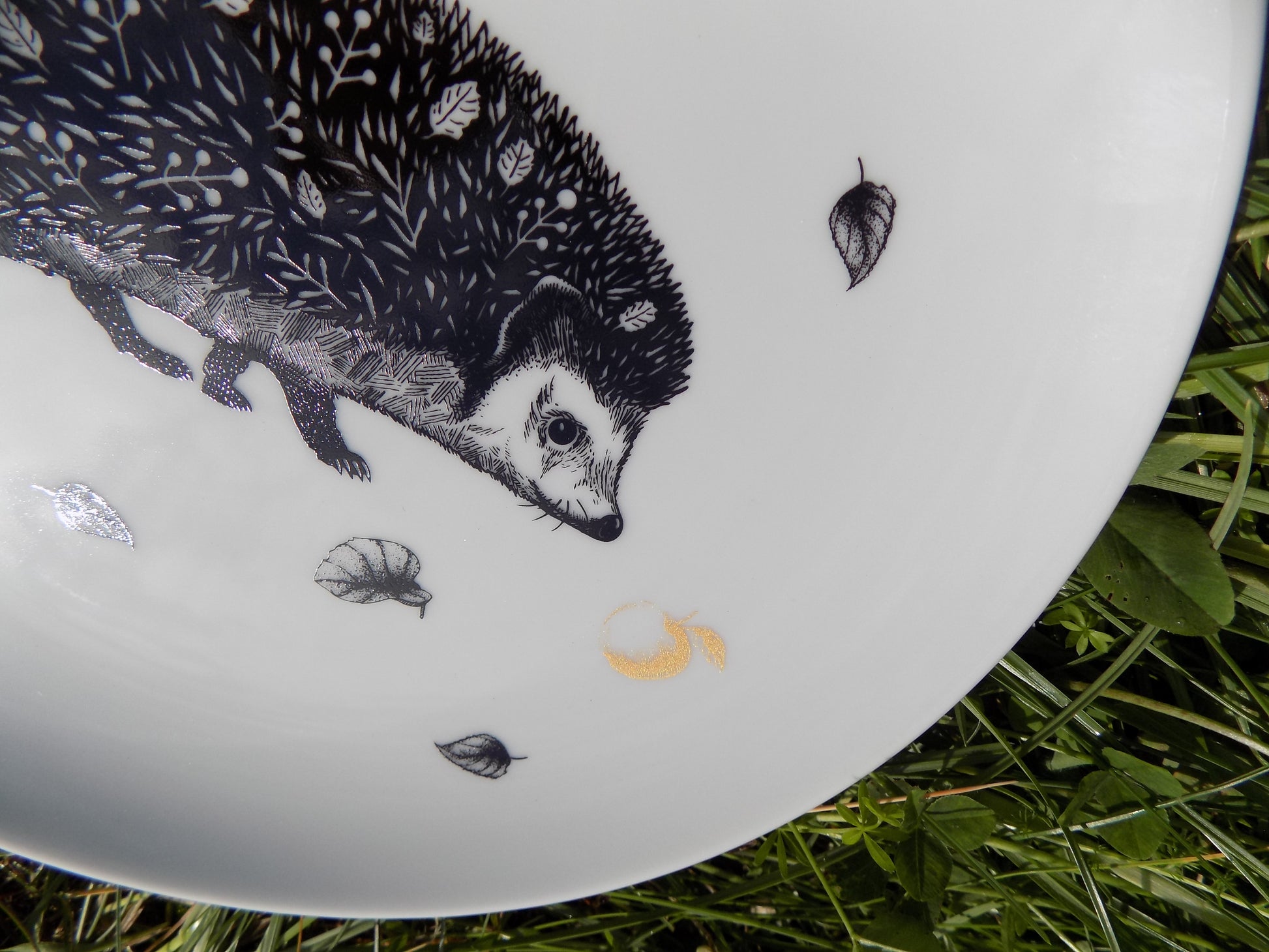 obiadowy talerz z jeżem i jabłkiem - zblizenie